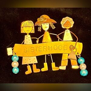 Gold 'Sisterhood' Brooch Handmade Beaded Tin Metallic Sister Sisters Feminine VG